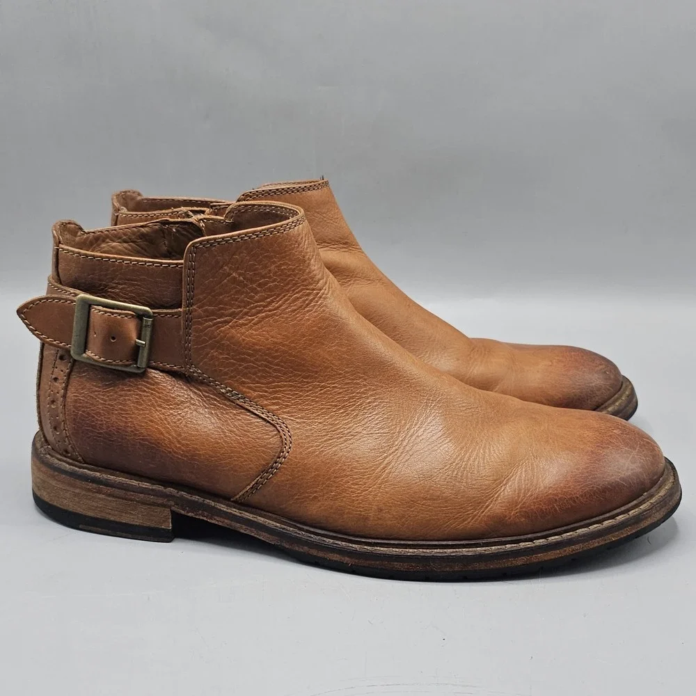 Clarks Clarkdale Leather Remi Dark Tan Burnished Boots Size 10.5 Buckle Side Zip